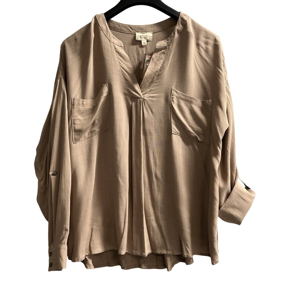 Perch‎ Top Womens 1XL Mocha Rayon Popover Tunic Lightweight Neutral Lagenlook